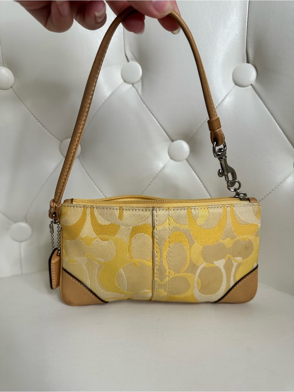 Coach Yellow Signature Canvas Wristlet with Leather Trim